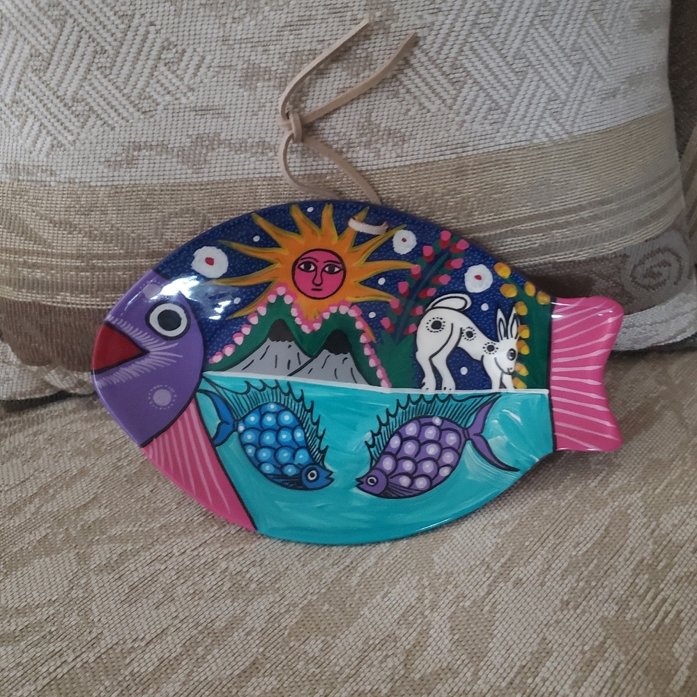 Ceramic Terracotta Painted Fish Wall Accent Plate
